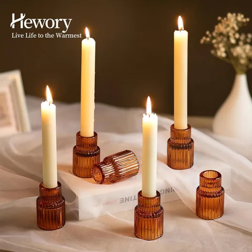 Vista 2 de Hewory Candelabros cónicos de vidrio: 2 portavelas elegantes ámbar a granel, portavelas de vidrio acanalado, candelabros decorativos para centro