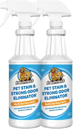 FurryFreshness Extrafuerte mancha de orina de gato o perro y removedor permanente de olores + eliminador de olores – Elimina manchas de mascotas y