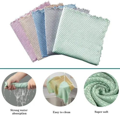 Vista 2 de Paño de limpieza de microfibra reutilizable para escamas de pescado, trapos de limpieza sin pelusa para vidrio, sin marcas de agua, platos, espejos