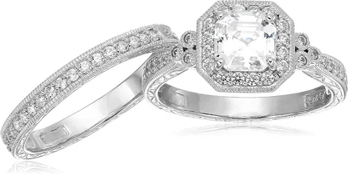 Vista 4 de Tienda Collection Platinum-Plated Sterling Silver Antique Ring set with Asscher-Cut Infinite Elements Cubic Zirconia