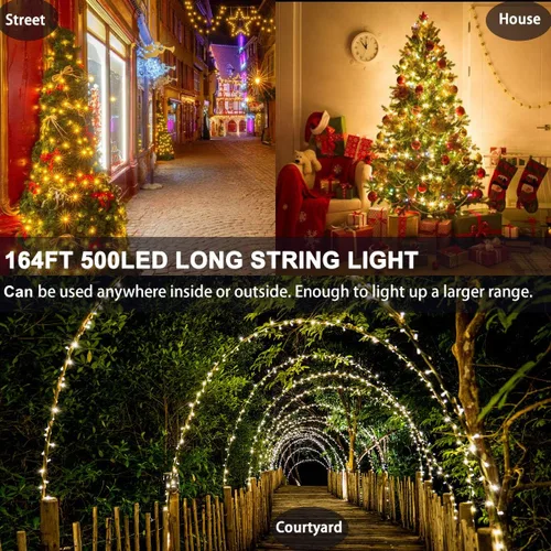 Vista 9 de Decute Guirnalda de luces de Navidad de 164 pies, 500 LED, regulable, con control remoto, alambre de cobre, luces estrelladas con certificación UL