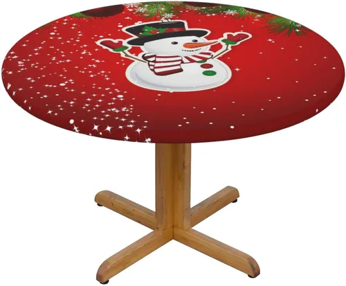 Vista 2 de Mantel redondo ajustable con diseño de muñeco de nieve, bolas de Navidad, ramas, bordes elásticos, impermeable, protector para cocina, comedor