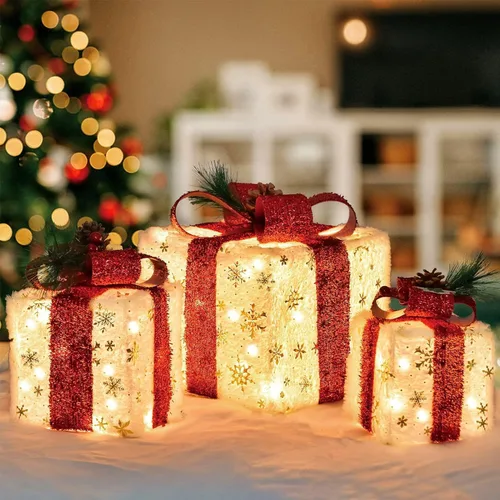 Vista 6 de Juego de 3 cajas de regalo iluminadas de Navidad, cajas de regalo preiluminadas de 60 luces LED que se iluminan, ornamento de cajas de regalo, cajas
