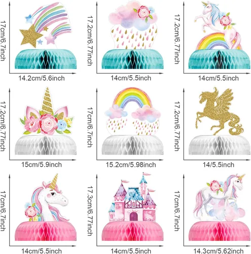 Vista 2 de Outus Centro de mesa de panal de unicornio arcoíris de 9 piezas para decoración de mesa, decoración brillante, suministros de fiesta de cumpleaños