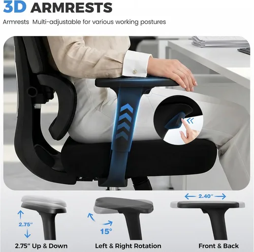 Vista 10 de Silla ergonómica de escritorio de oficina, silla de oficina de malla de respaldo alto con soporte lumbar ajustable, reposacabezas 3D, sillas de Negro
