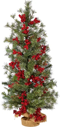 Vista 3 de Nearly Natural Árbol de Navidad artificial de bayas y pino de 3 pies con 50 luces blancas cálidas y base envuelta en arpillera