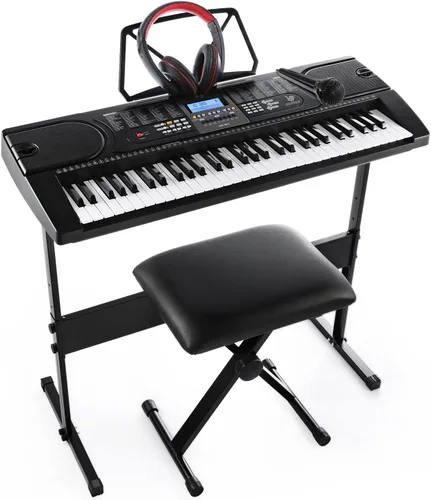 Paquete de teclado electrónico de 61 teclas con auriculares, micrófono, soporte, taburete y fuente de alimentación, teclados electrónicos (paquete