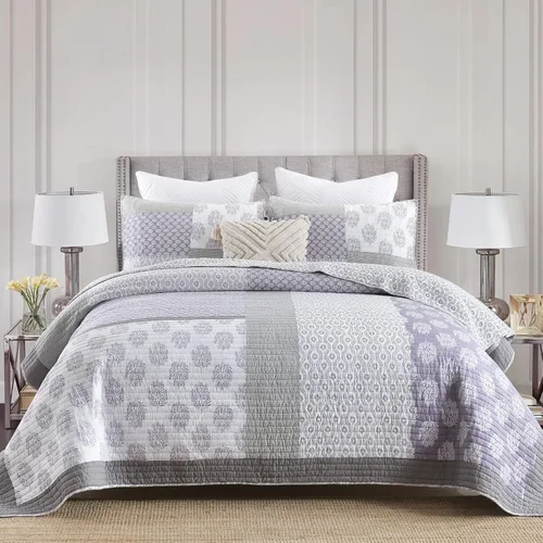 Vista 12 de Finlonte Juego de edredón tamaño individual, juego de edredón de 100 % algodón, colcha acolchada de granja amarilla y gris, juego de ropa de cama