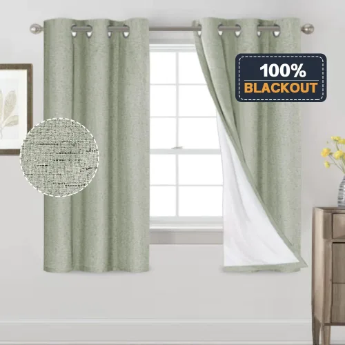 Vista 324 de PrinceDeco Cortinas con textura de lino 100% opacas de 64 pulgadas de largo, juego de 2 paneles de cortinas de lino opacas con forro aislante Arena