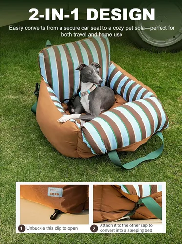 Vista 5 de Zeze Asiento de coche portátil a rayas para mascotas y sofá cama – Nido de viaje lavable para perros y gatos pequeños
