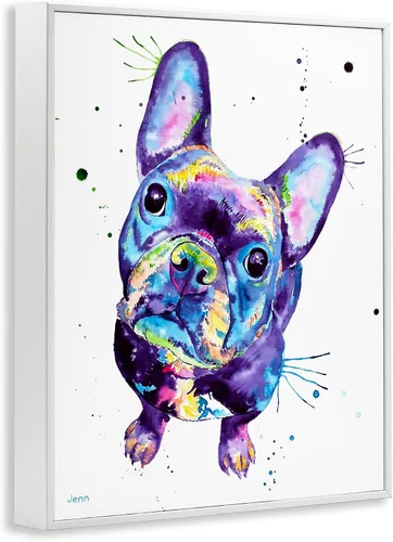 Vista 2 de Stupell Industries Giclée de perro de tono morado de bulldog francés, diseño de Jen Seeley Enmarcado en blanco