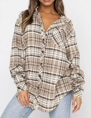 Vista 2 de Lacozy Camisa de franela a cuadros de búfalo para mujer, blusas de manga larga con cuello y botones