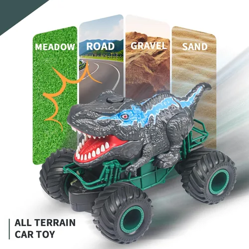 Vista 5 de Coche de control remoto de dinosaurio, juguetes de camión monstruo mega RC de 2.4GHz para niños pequeños, juguetes de dinosaurio con luz, sonido