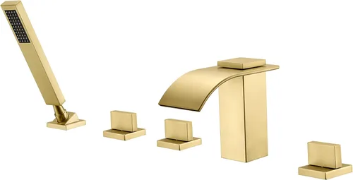 Vista 9 de SUMERAIN Grifo de bañera romana de dos manijas 3 agujero cascada grifo de bañera oro cepillado con válvula