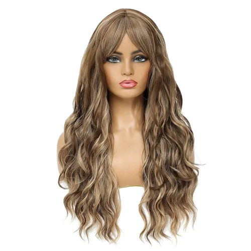 Vista 17 de SWACC Peluca larga y rizada ondulada con flequillo peluca de pelo sintético para mujeres con gorra de peluca (negro)