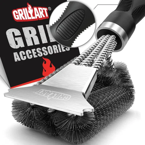 GRILLART Cepillo y raspador para parrilla, accesorios de limpieza de barbacoa extra fuertes, cepillo de limpieza seguro con cerdas de alambre para