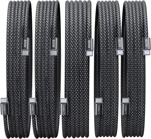 Vista 21 de LISEN Cable USB C, paquete de 5 cables USBC a USBC [0.5 pies] para iPhone 17 16e 15 Pro Max, cable de carga rápida de 60 W C a C para Galaxy Negro