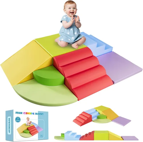 Bloques de escalada de espuma de 7 piezas para niños pequeños y bebés de 1 a 5: juego de juguetes para interiores con piel sintética suave, gateo
