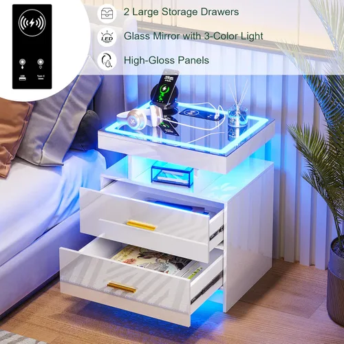 Vista 32 de HNEBC Mesita de noche LED con estación de carga (puertos USB, puertos tipo C), mesa de noche de alto brillo con 2 cajones, mesita de noche