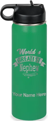 Vista 31 de LaserGram Personalized Water Bottle, World's Greatest Nephew, Stainless Steel Double Wall Vacuum Insulated with Flip Top Straw, Custom Engraved Gift