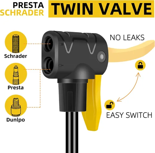 Vista 3 de Bomba de bicicleta, alta presión, bomba de neumático de bicicleta de piso con dispositivo de impulso compatible con válvula Presta y Schrader