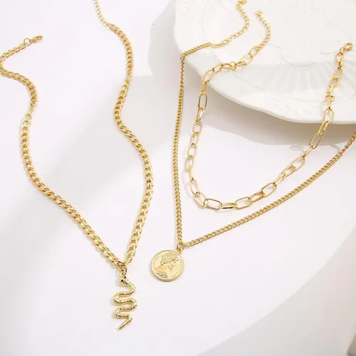 Vista 4 de MJartoria Collares de oro en capas para mujer, collar de oro con dije de moneda retro de moda, collar de cadena de eslabones gruesos delicados