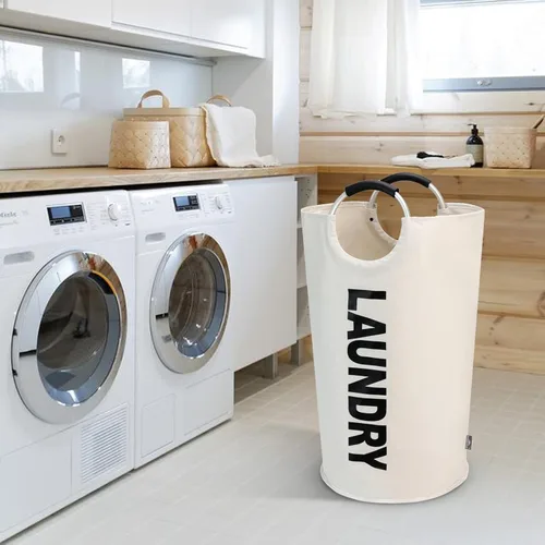 Vista 8 de DOKEHOM Cesta de lavandería grande de 90 L, bolsa de lavandería plegable, cesta de ropa alta independiente, contenedor de lavado plegable (beige)