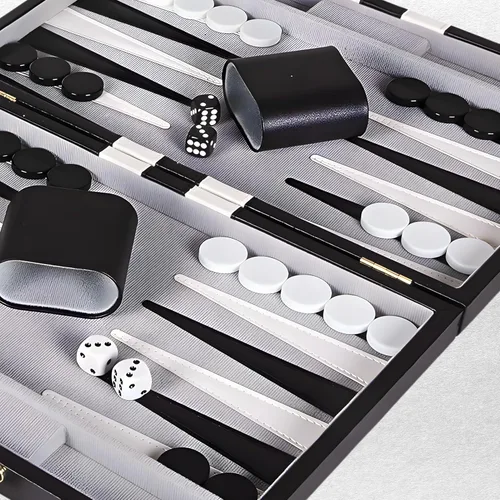 Vista 6 de Juego de Backgammon Premium de 11 Pulgadas Pequeño Negro - Juego de Backgammon para Adultos y Niños - Juego de Mesa de Backgammon de Efecto Cuero