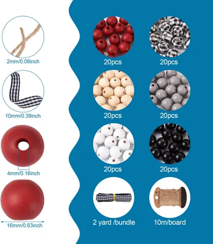 Vista 2 de 120 cuentas redondas de madera natural con cinta de poliéster de yute, decoración de bolas de madera, cuentas de madera rústicas de granja