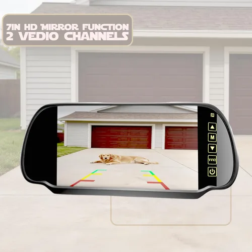 Vista 2 de Monitor de espejo retrovisor TFT LCD de 7 pulgadas, cámara panorámica para salpicadero, espejo retrovisor con botón táctil, 2 entradas de video