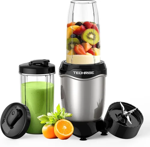 TechRise Licuadora personal de 600 W, licuadora de batidos con 2 vasos portátiles de 17 onzas con tapas para sorbos, hoja de acero inoxidable, para