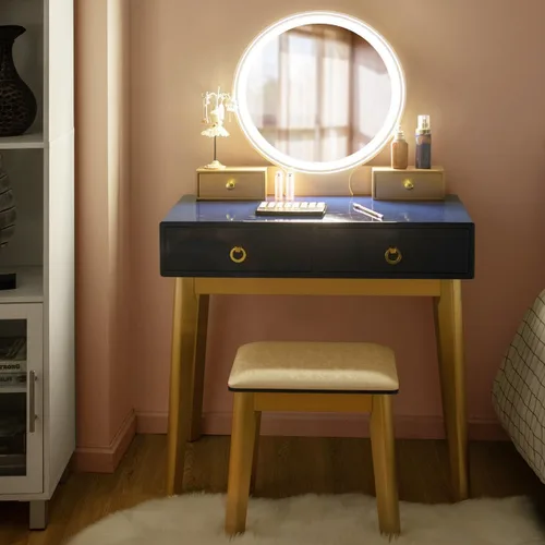 Vista 13 de CHARMAID Escritorio de tocador con espejo iluminado, mesa de maquillaje negra con 4 cajones de almacenamiento, 3 modos de iluminación, patas