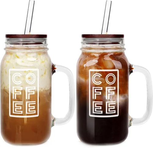Vista 8 de Tarro de Mason con tapa y pajita de ANOTION, taza de café helado de 24 onzas con boca regular, tarros de Mason con asa, vasos de vidrio