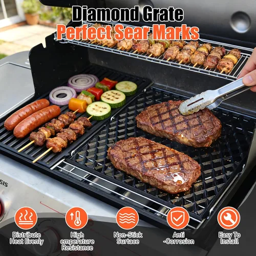 Vista 4 de 7670 Rejilla de doble cara para Weber Genesis II serie 300/400 y Genesis 2022 SX-325S E-325S EX-325S, rejilla de repuesto de hierro fundido