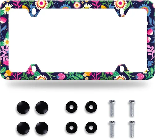 Marco de matrícula de flores coloridas, bonito accesorio floral para automóvil, de acero inoxidable, personalizable, hermosa placa de matrícula con