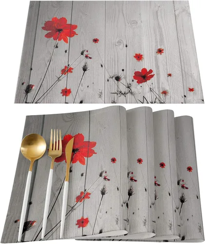 Juego de 6 manteles individuales de flores de amapola roja para mesa de comedor, manteles individuales de lino de algodón gris rústico para