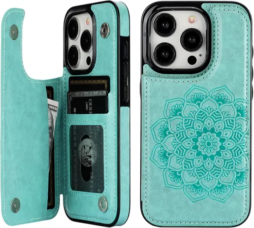 Vista 12 de Vaburs Funda compatible con iPhone 15 Pro con tarjetero y diseño de mandala en relieve, de piel sintética, doble botones, a prueba de golpes