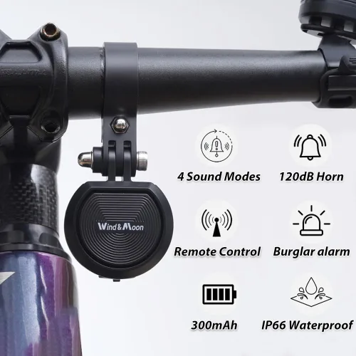 Vista 2 de Bocina de bicicleta eléctrica con control remoto, alarma de bicicleta de volumen ajustable para adultos, campana de bicicleta con batería de larga