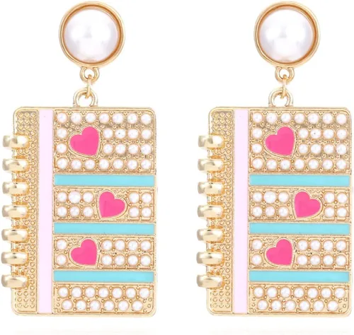 Aretes de diamantes de imitación brillantes para profesor, cuentas de perlas sintéticas, letra ABC, aretes colgantes esmaltados, Apple Book lápiz,