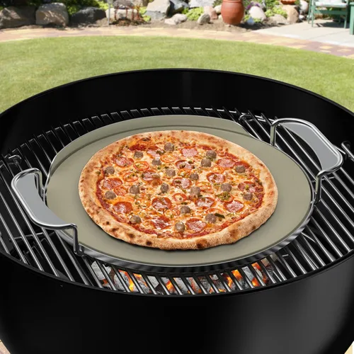 Vista 2 de Skyflame Gourmet BBQ System - Piedra para pizza, piedra para hornear de 13 pulgadas con estante de transporte de acero inoxidable, compatible