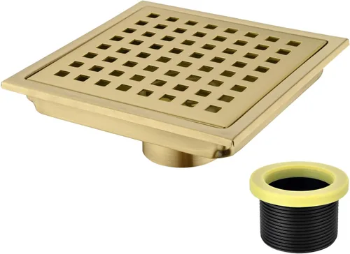 6 inch Stainless Steel Square Shower Floor Drain with Threaded Adapter, Removable Cover Grid Grate, Brushed Gold Brass Finished