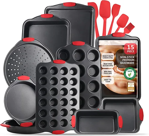 Juego de moldes para hornear, 15 piezas de utensilios antiadherentes de alta calidad para hornear, sin BPA, bandejas de acero antiadherentes para