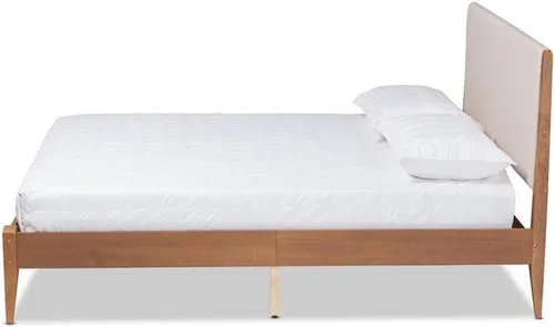 Vista 5 de Baxton Studio Lenora Mid-Century - Cama de plataforma tapizada de tela beige y acabado marrón nogal, tamaño matrimonial