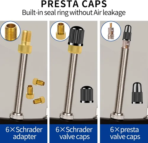 Vista 4 de 6 adaptadores de válvula Presta a Schrader y 12 tapas de neumáticos, convierten Francia/Reino Unido a EE. UU., Inflar neumáticos con bomba estándar
