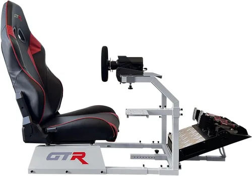 Vista 2 de GTR Simulator Modelo GTA - Marco plateado con asiento de carreras de cuero sintético ajustable silla de cabina de simulación de juegos Rueda RS30