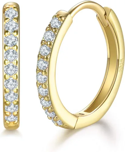 Vista 4 de Aretes pequeños en forma de círculo de plata de ley 925 con circonia cúbica, 3 pares de aros chapados en oro blanco de 14 quilates para piercing