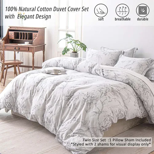 Vista 2 de Juegos de Fundas de Edredón Florales de Algodón 100% Natural de 2 Piezas - Funda de Edredón Blanco Grisáceo con Patrón de Flores y Ramas Lujosas