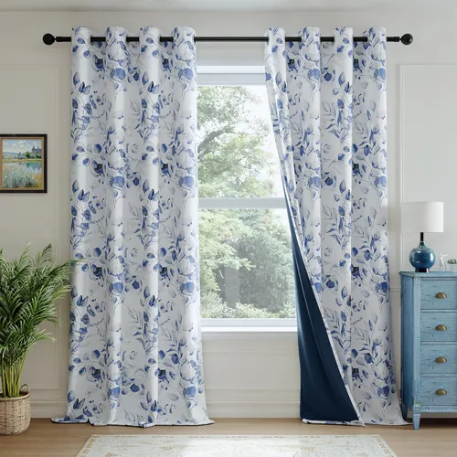 Vista 2 de Cortinas 100% opacas de 84 pulgadas de largo para dormitorio, cortinas estampadas florales azules para oscurecer la sala de estar, cortinas