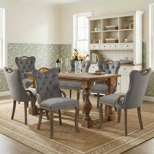 Vista 89 de SoarFlash Juego de 6 sillas de comedor de terciopelo, silla lateral de respaldo alto, silla lateral tapizada moderna de alta gama con capitoné