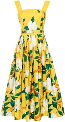 Elegamt - Vestido largo con estampado floral y flores amarillas, vestido largo midi con cinturón